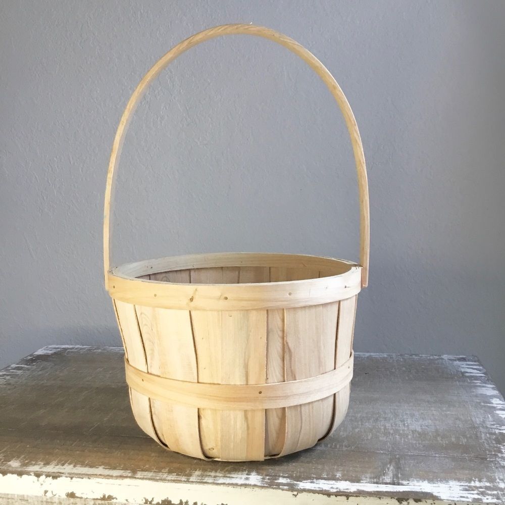 Wood basket movable handle farmers market fruit picking egg collecting 8 1/2"